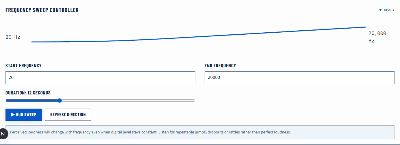 Online Sound Test frequency sweep controls