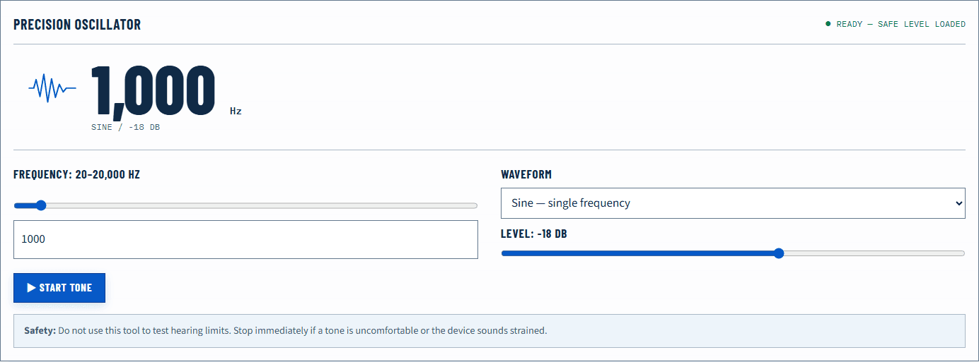 Online Sound Test tone generator sample-rate readout